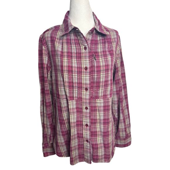 The North Face Plaid Pink Purple Pleated Chest‎ Pocket Button Down Large Women's - Picture 1 of 10